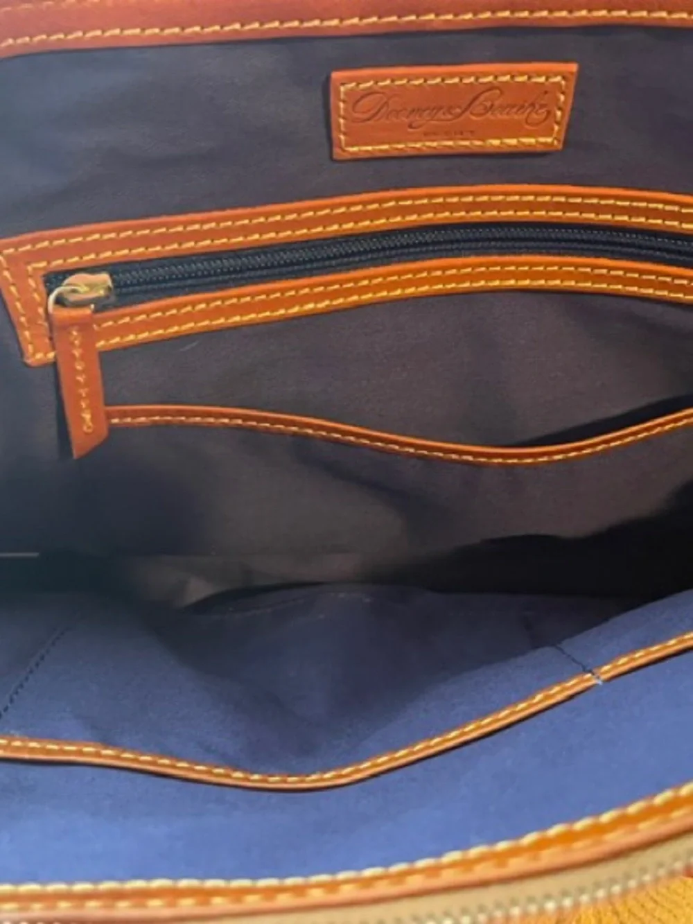 Dooney & Bourke Black/Blue SF Monogram Satchel with Brown Trim